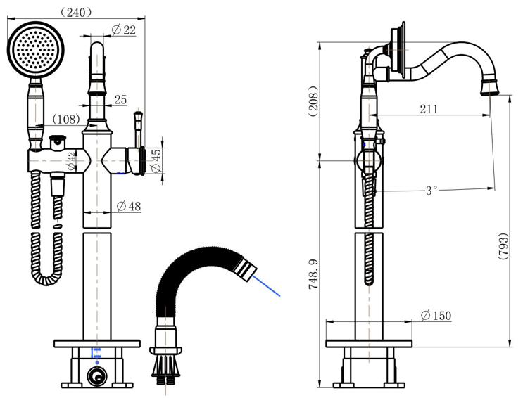 Modern National Montpellier Freestanding Bath Mixer with Hand Shower — measurement drawing (MON012-Line-Drawing.png)
