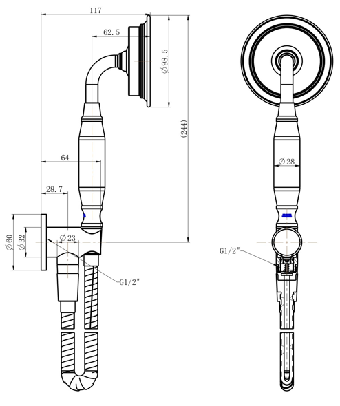 Modern National Montpellier Hand Shower on Bracket — measurement drawing (MON081-Line-Drawing.png)