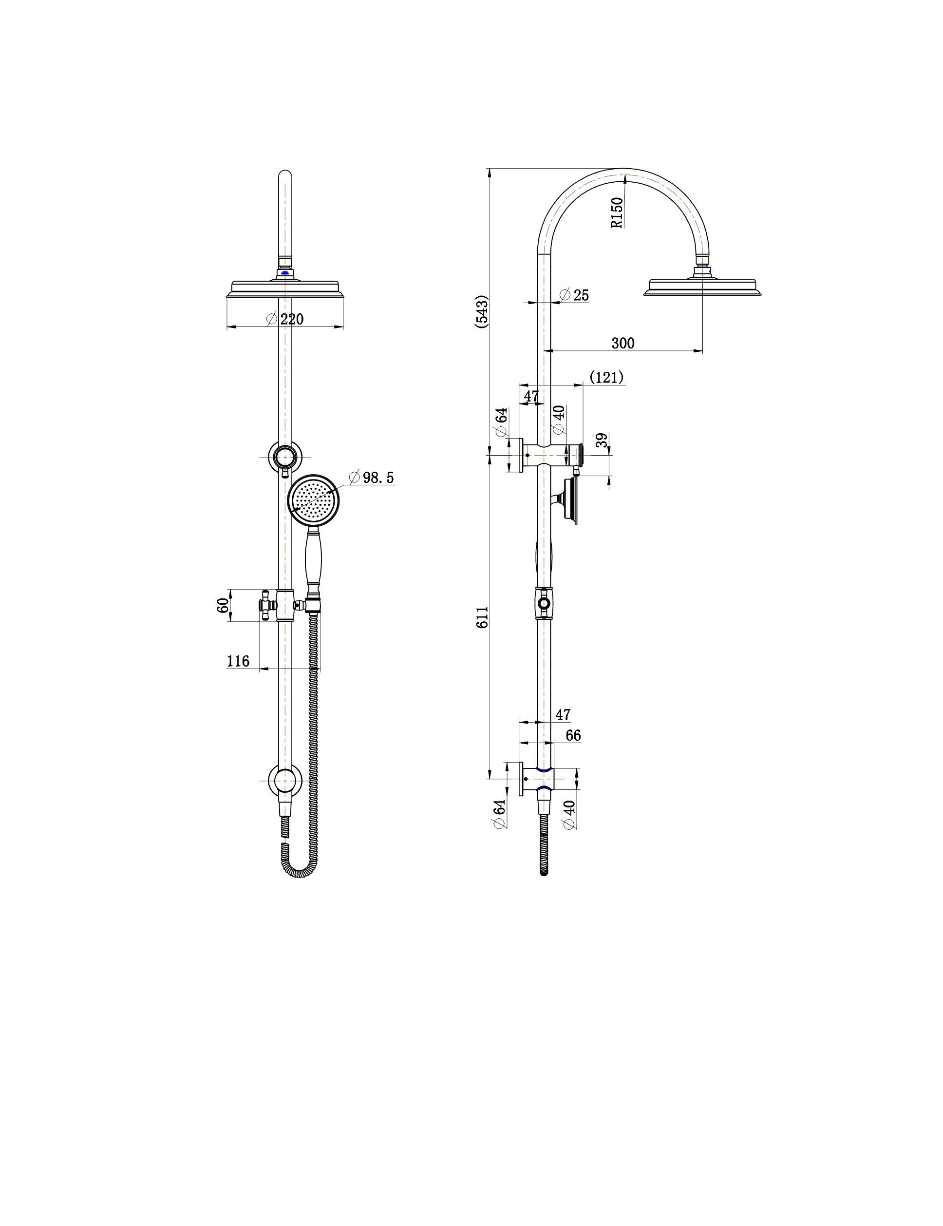 Modern National Montpellier Shower Column Set — measurement drawing (MON013-61923W-01-line-drawing.png)