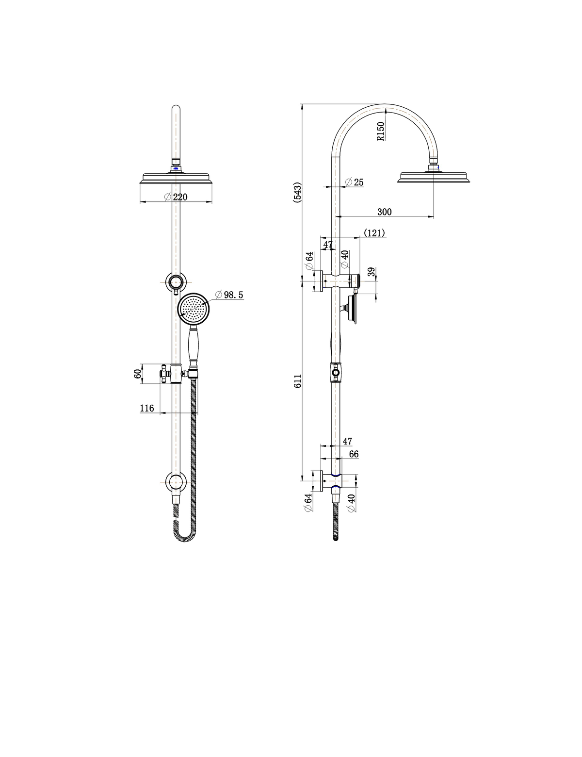Modern National Montpellier Shower Column Set — measurement drawing (MON013-61923W-01-line-drawing.png)