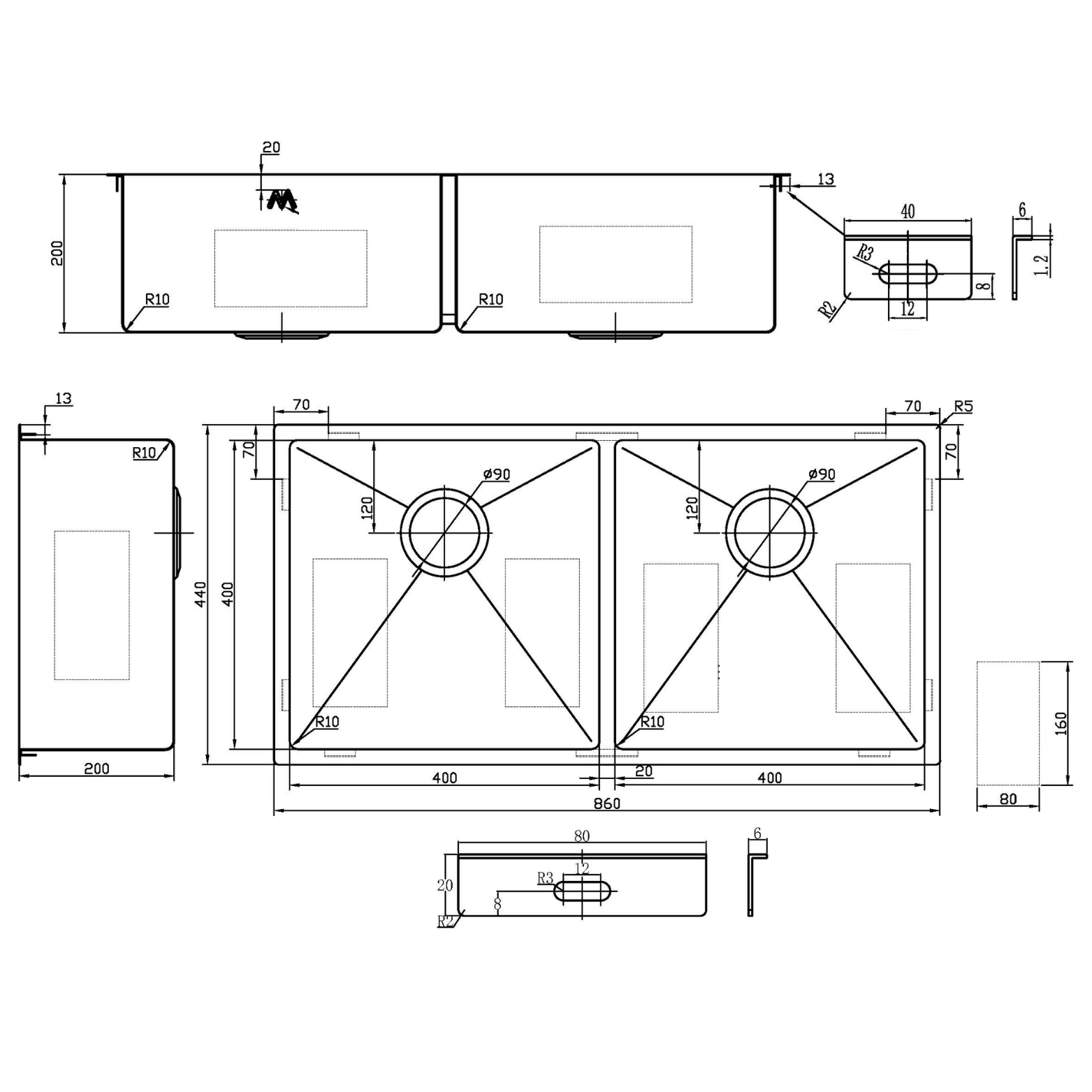 Modern National Double Bowl Stainless Steel Sink 75L — measurement drawing (M-S213B-Line-Drawing.png)