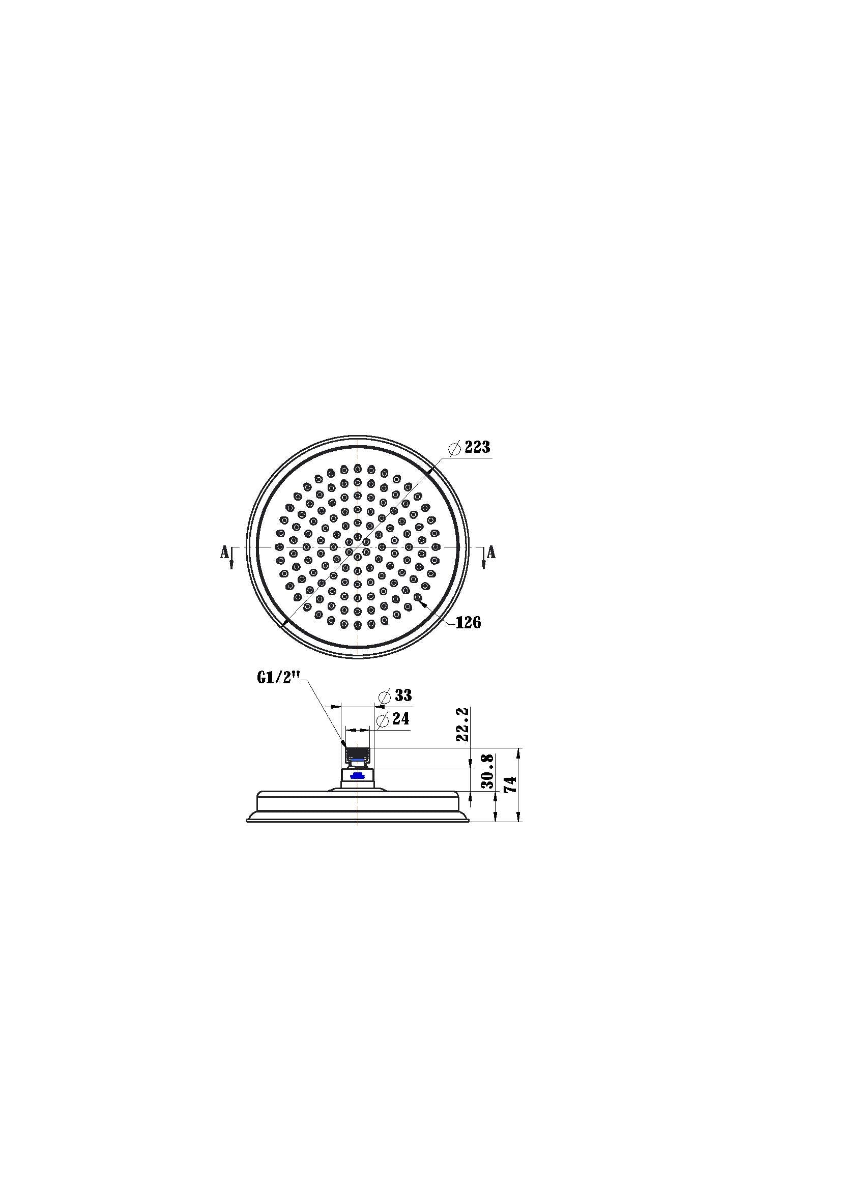 Modern National Montpellier Shower Head — measurement drawing (MON223-line-drawing.jpg)