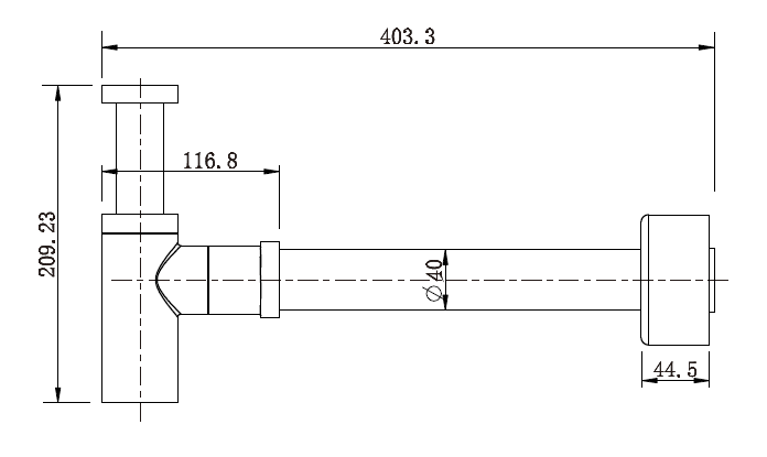 Modern National Bottle Trap 40mm — measurement drawing (BTR120-Line-Drawing.png)