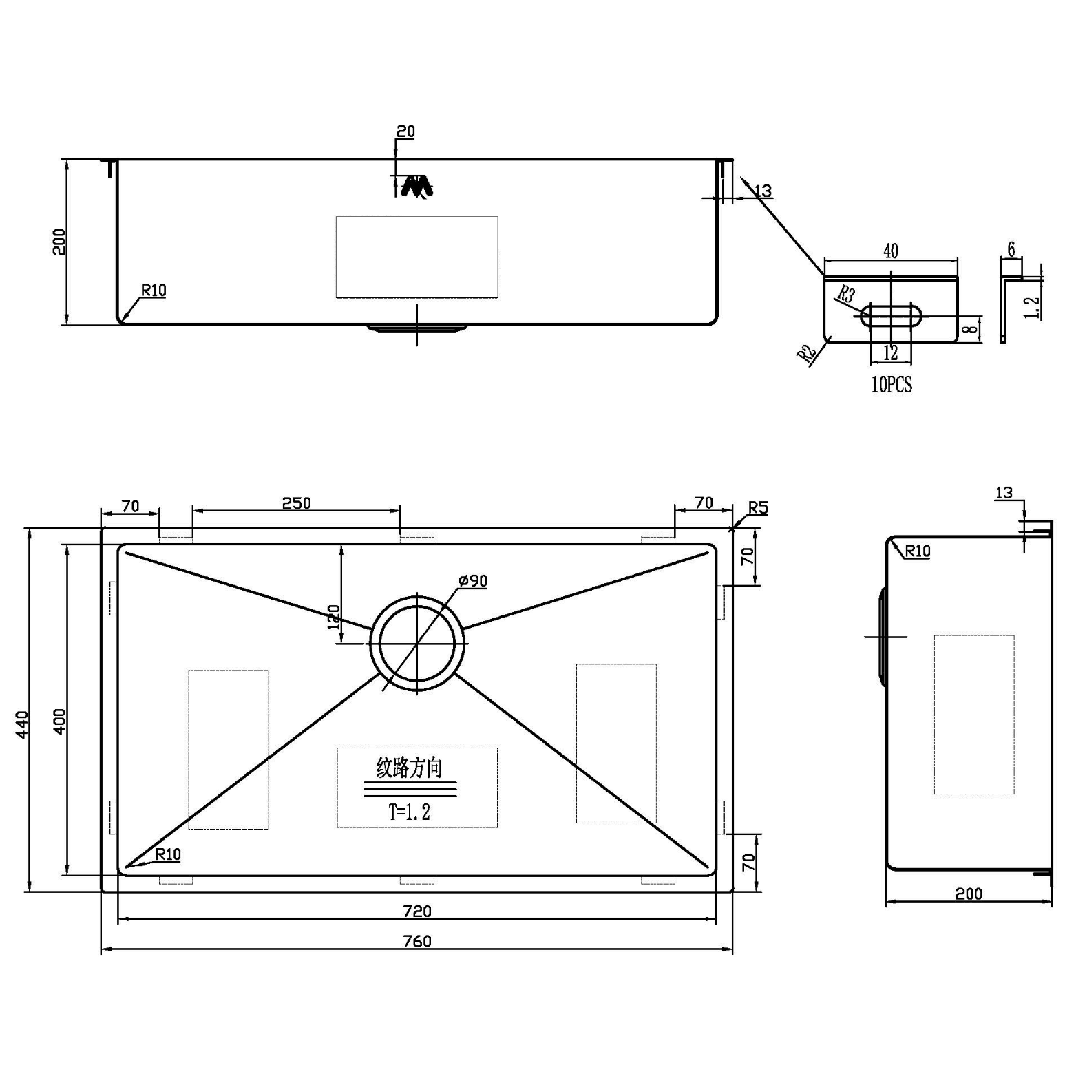 Modern National Single Bowl Stainless Steel Sink 66L — measurement drawing (M-S212B-Line-Drawing.png)
