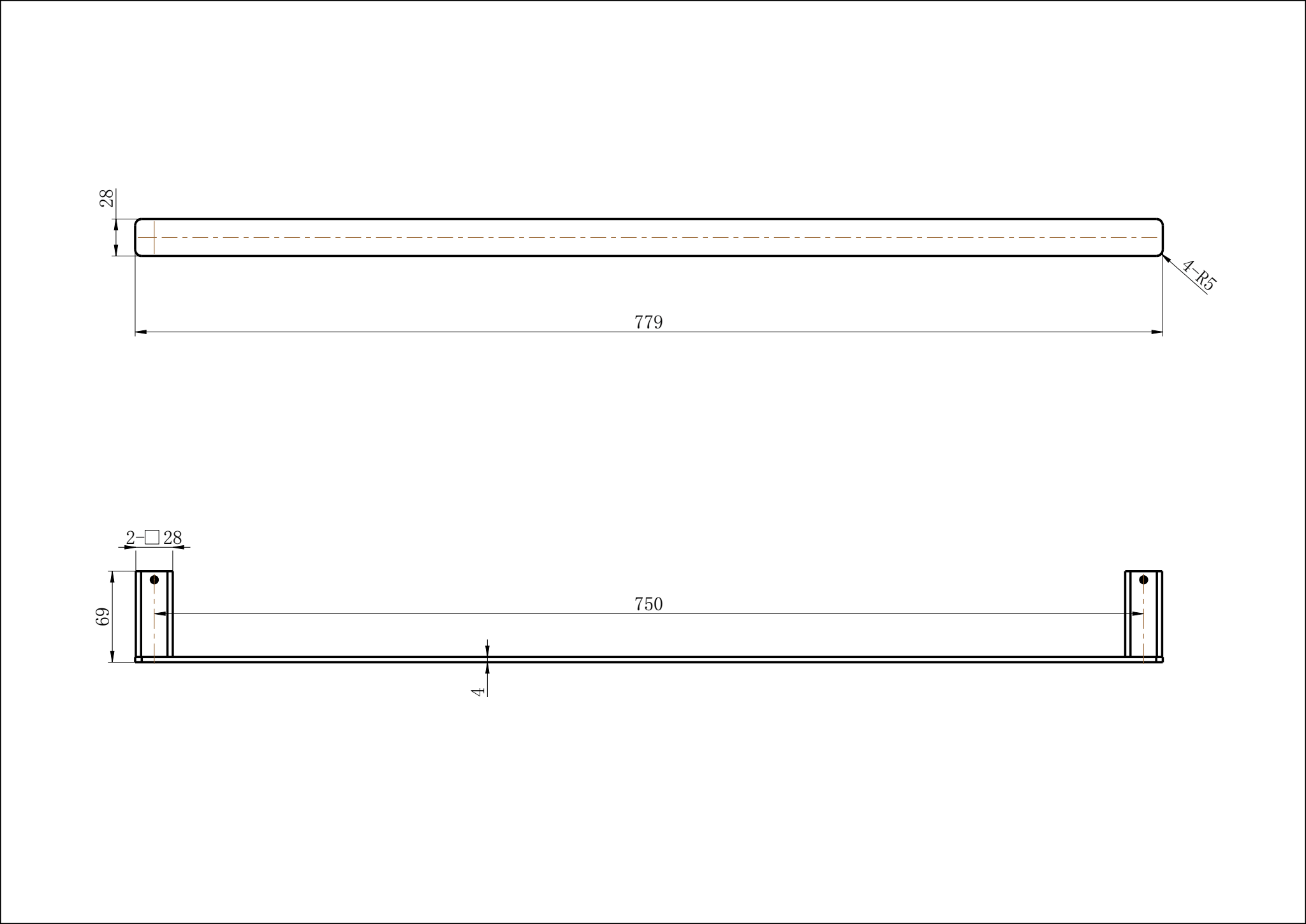 Modern National Nova Single Towel Rail 750mm — measurement drawing (NVA36-1936-LINE-DRAWING-1.png)