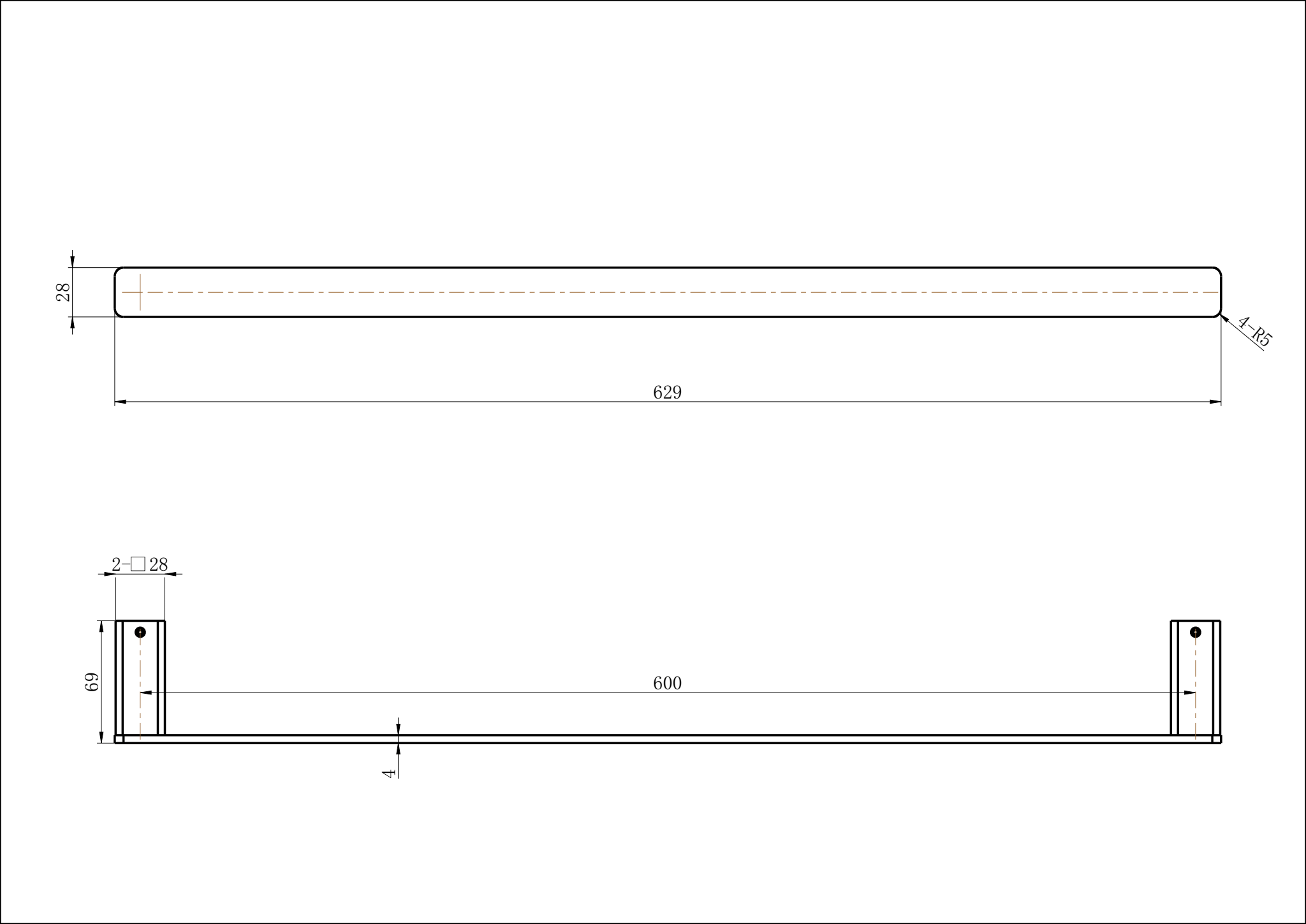 Modern National Nova Single Towel Rail 600mm — measurement drawing (NVA24-1924-LINE-DRAWING.png)