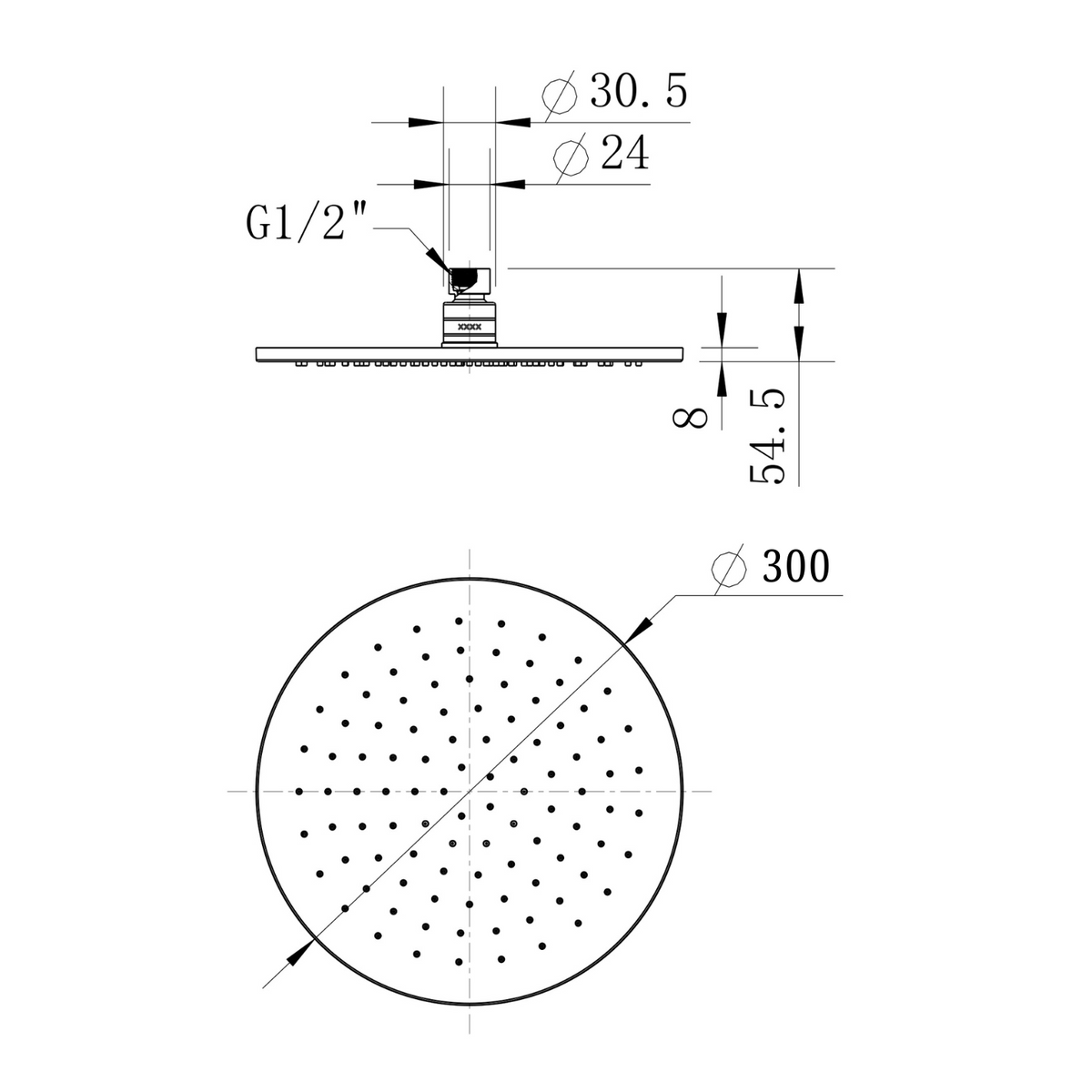 Modern National Brass Round Shower Head 300mm — measurement drawing (BAR300-Line-Drawing.png)