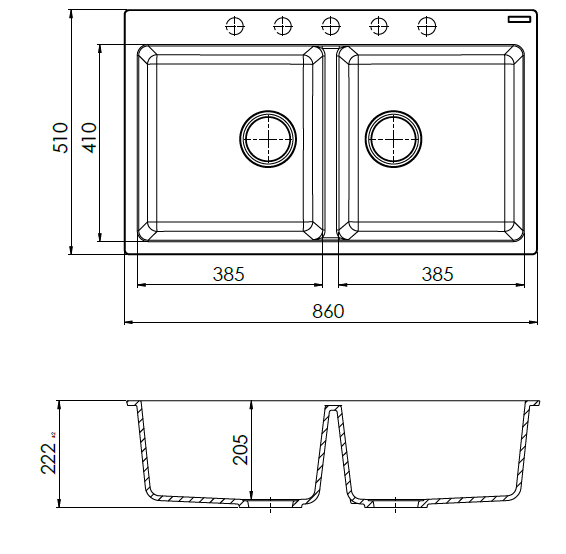 Modern National Cremona Double Bowl Granite Sink – 26.5L+26.5L — measurement drawing (M-GS409B-Line-Drawing.png)