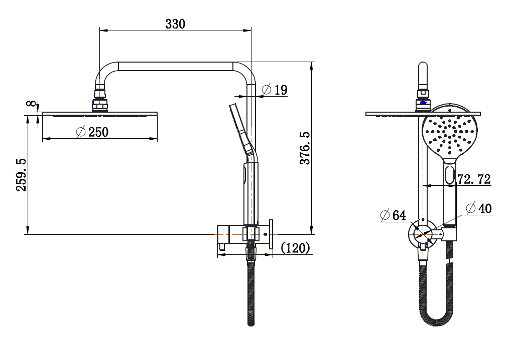 Modern National Star Compact Half Shower Column Set — measurement drawing (str013-c-line-drawing.png)