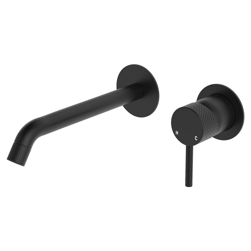 Fienza Axle Wall Basin/Bath Mixer Set, Round Plates, 200mm Outlet - Matte Black