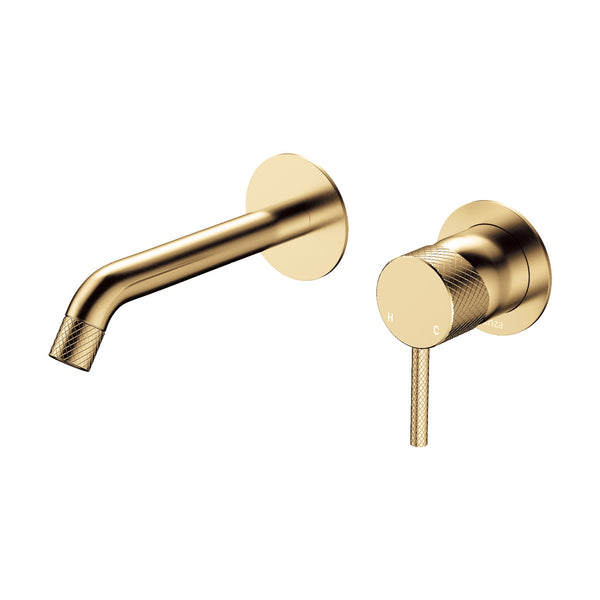 Fienza Axle Wall Basin/Bath Mixer Set Round Plates 160mm Outlet - Brushed Gold (Urban Brass)