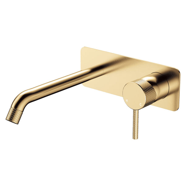 Fienza Axle Wall Basin/Bath Mixer Set Rectangular Plate 200mm Outlet - Brushed Gold (Urban Brass)