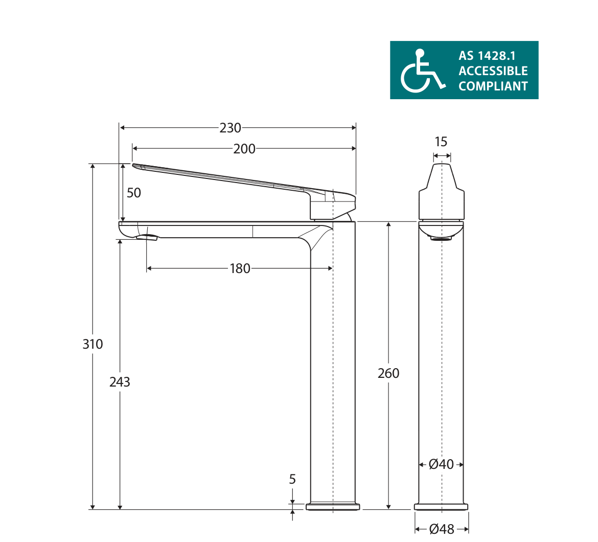 Fienza 234107D-LF, 234107DCO-LF, 234107DBN-LF, 234107DB-LF, 234107DUB-LF measurement drawing in millimetres