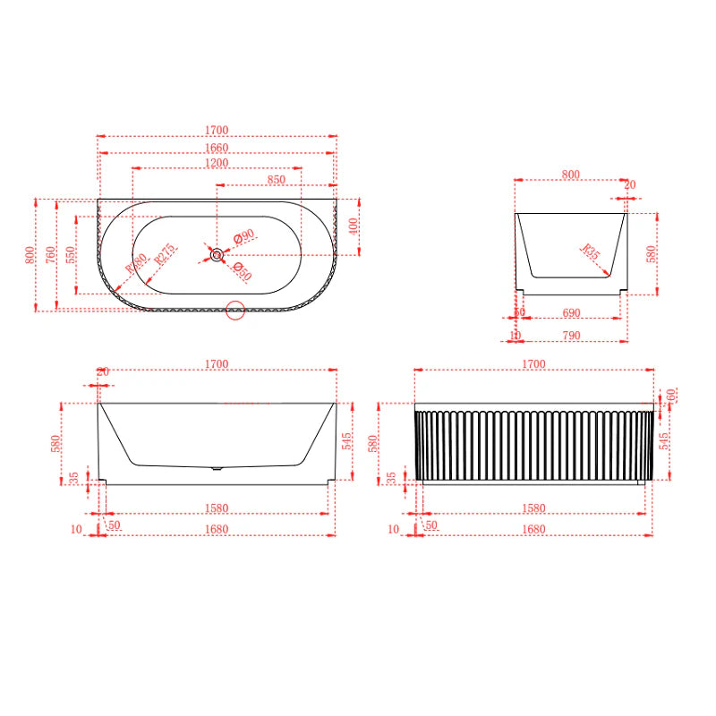 Ovia Artemis Fluted 1700mm Matte White Back to Wall Designer Round Freestanding Bath