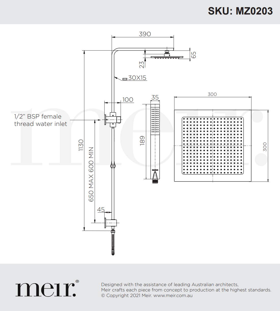 Meir 2 in 1 Twin Square Combination Shower Rail 300mm Shower Head with Handpiece