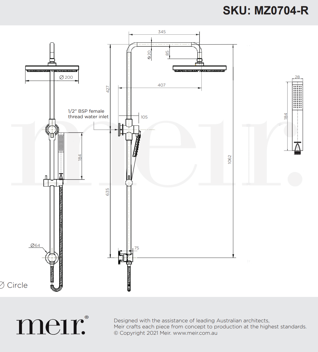 Meir 2 in 1 Twin Round Combination Shower Rail 200mm Rose & Single Function Hand Shower Chrome