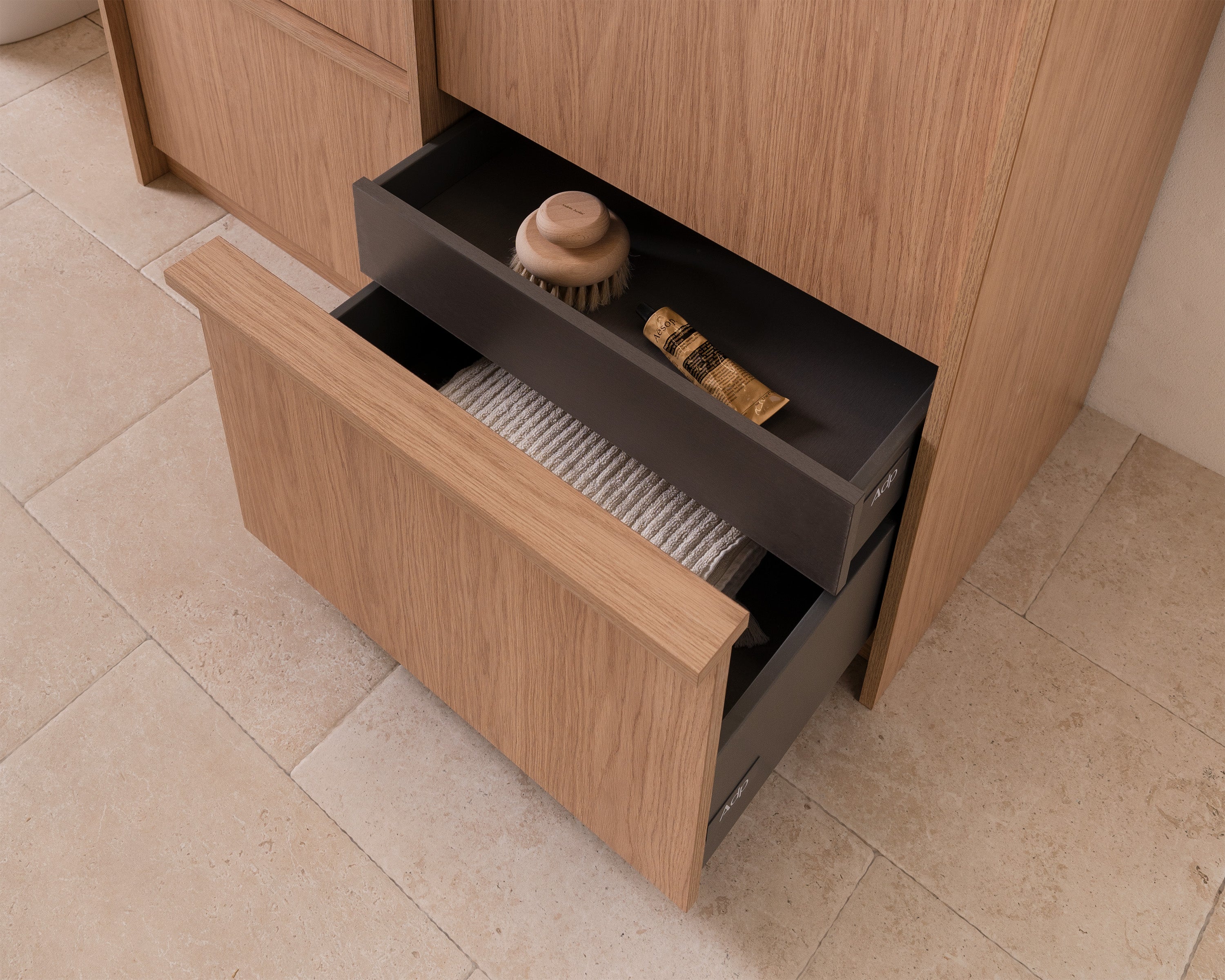 Eli 1200mm Floor Mount - Boston Oak Drawer Detail
