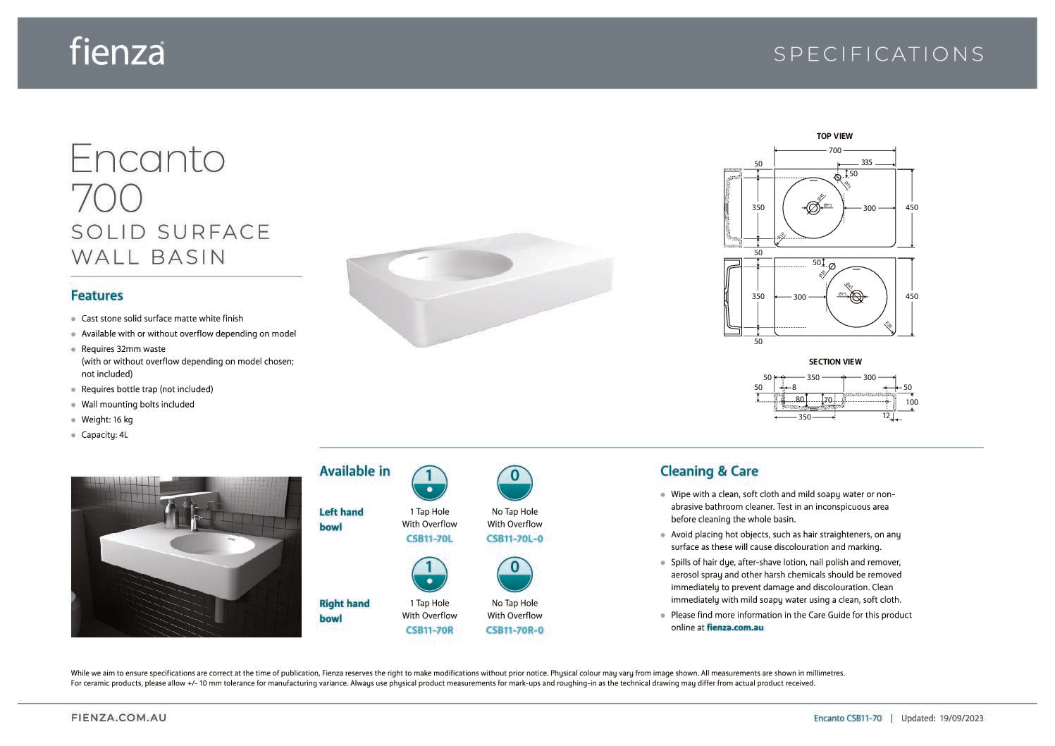 ENCANTO 700 Solid Surface Wall-Hung Basin, Right-Hand Bowl with Overflow