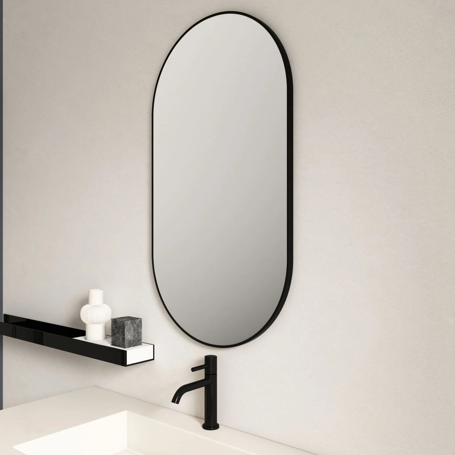 Aluminum Framed 500mm Oval Mirror – Matt Black