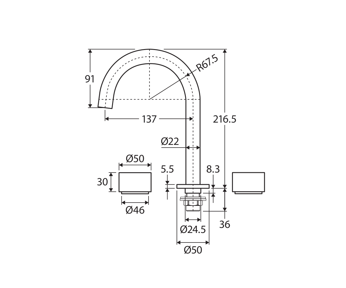 Fienza Kaya round hob set with round taps technical measurement drawing in millimetres
