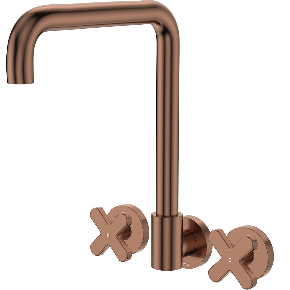 Fienza Kaya Squareline Wall Set - Cross Taps - Brushed Copper 343105CO-LF
