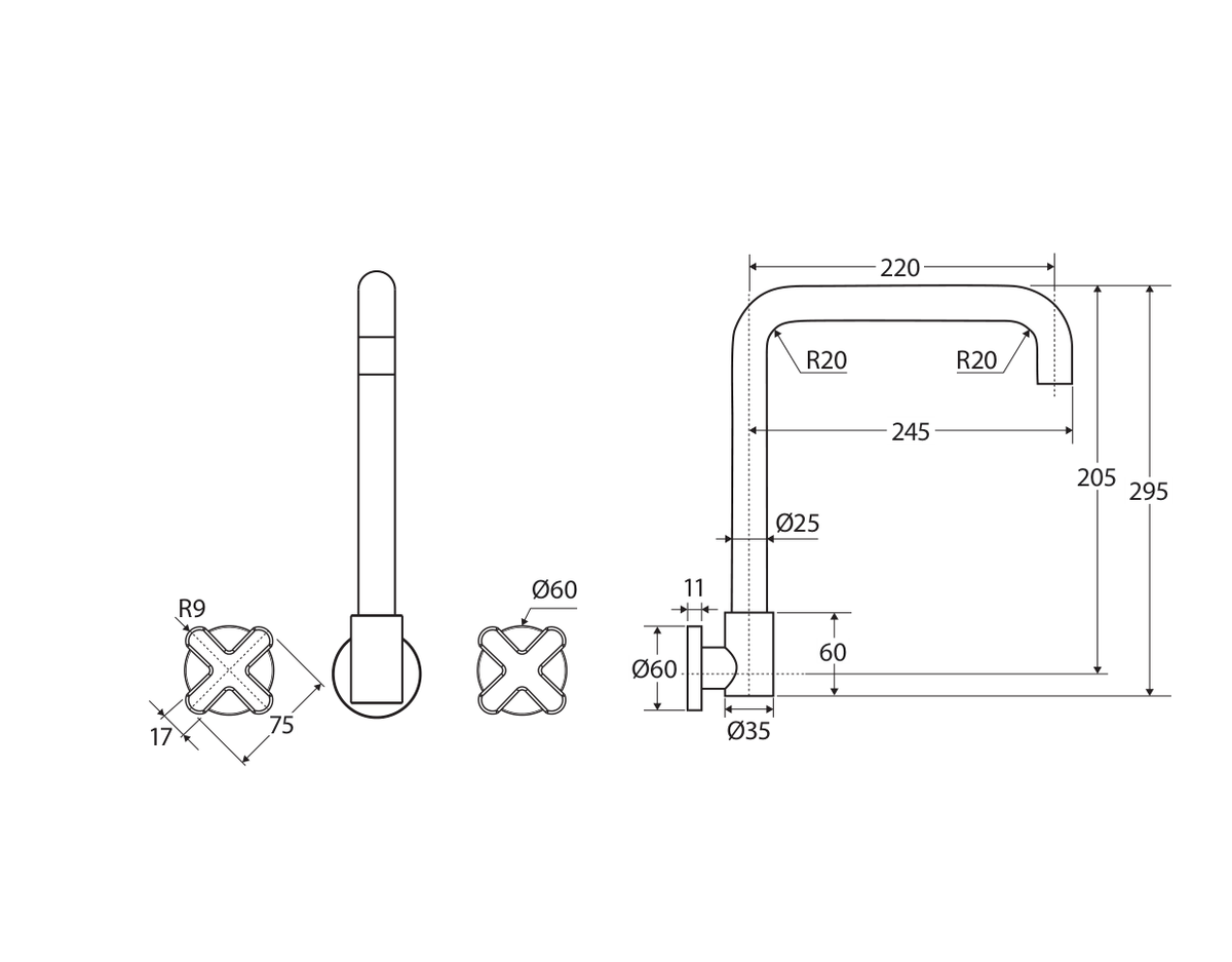 Fienza Kaya complete three-piece tap set technical measurement drawing in millimetres