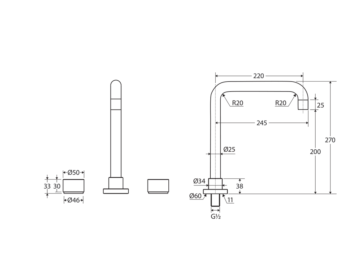 Fienza Kaya complete three-piece tap set technical measurement drawing in millimetres