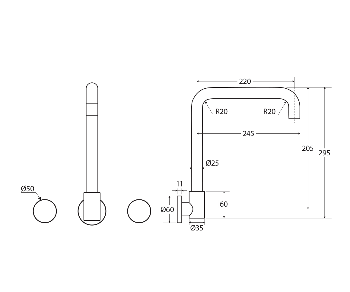 Fienza Kaya complete three-piece tap set technical measurement drawing in millimetres