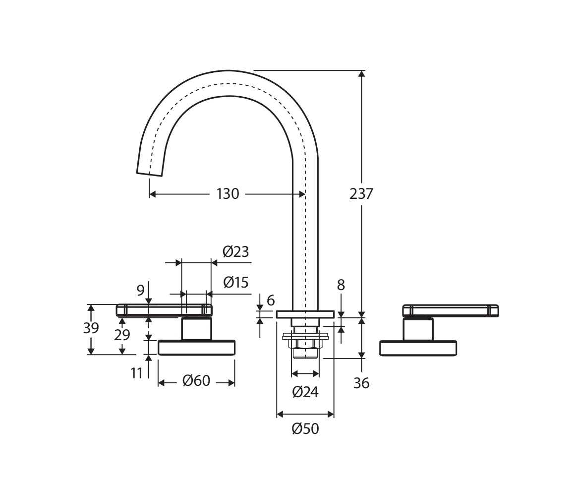 Fienza Kaya complete three-piece tap set technical measurement drawing in millimetres