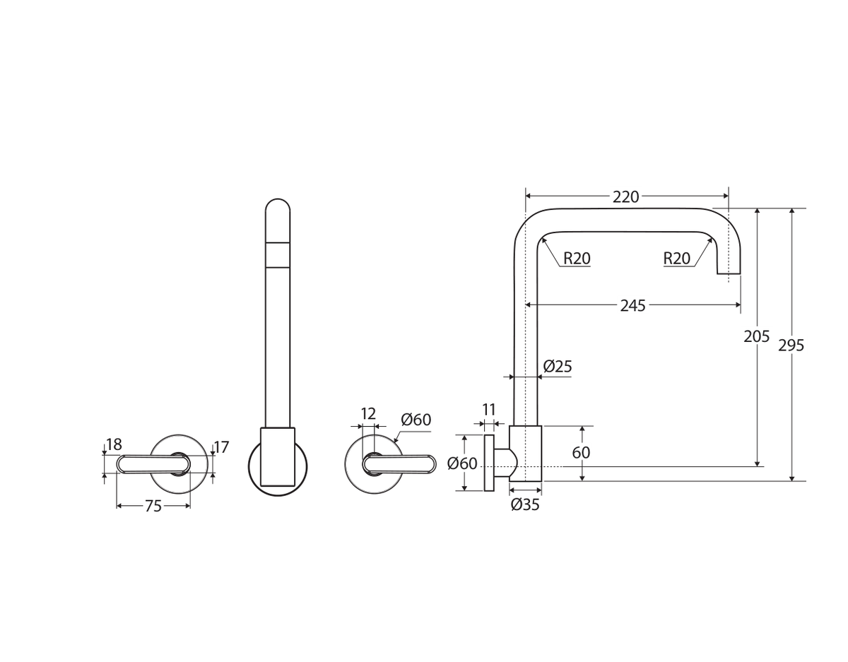 Fienza Kaya complete three-piece tap set technical measurement drawing in millimetres