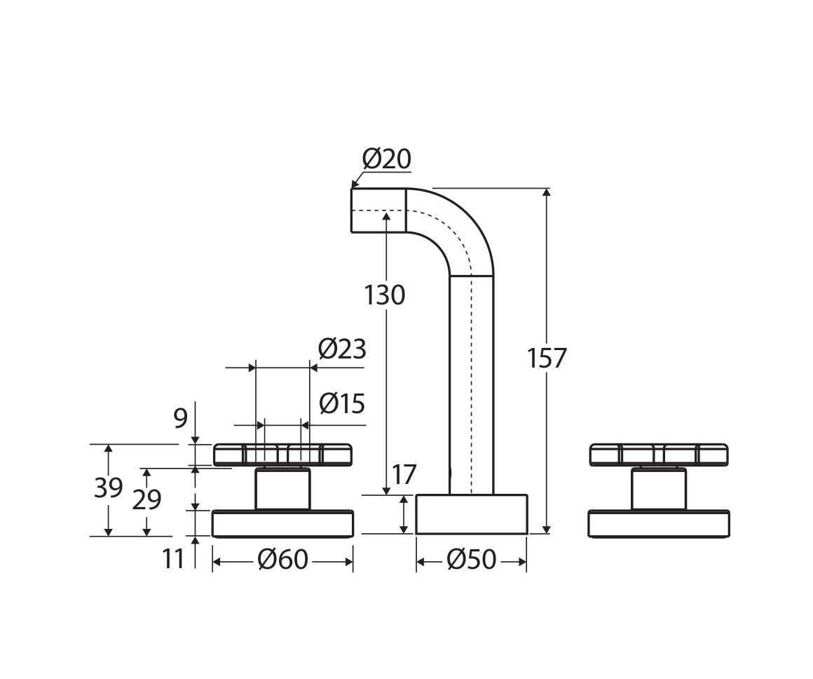 Fienza Kaya complete three-piece tap set technical measurement drawing in millimetres