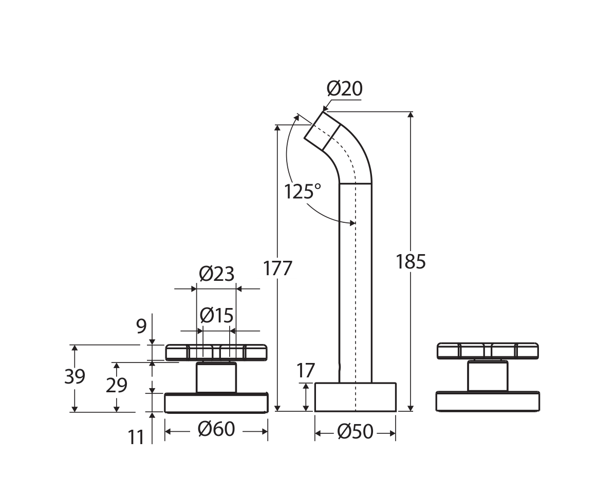 Fienza Kaya complete three-piece tap set technical measurement drawing in millimetres