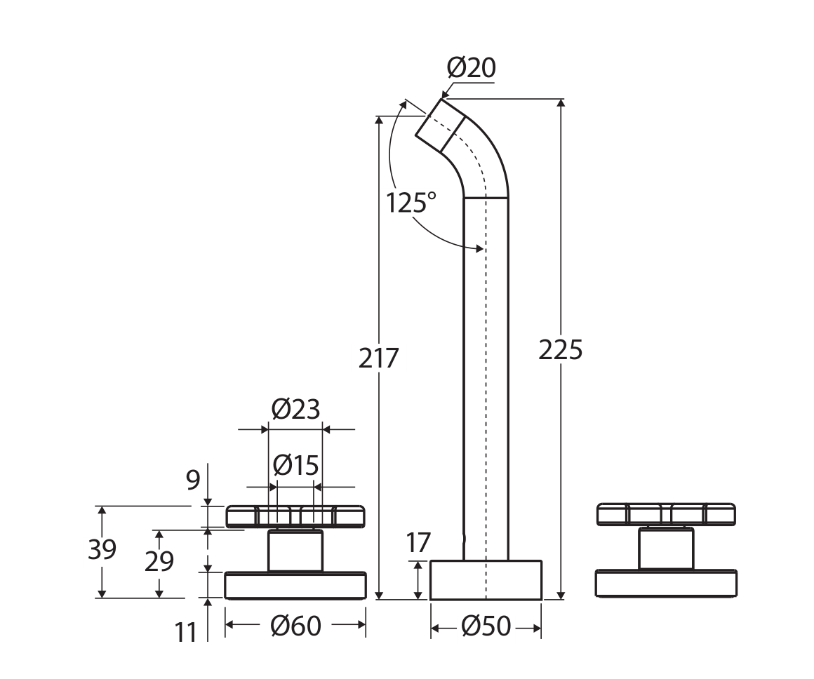 Fienza Kaya complete three-piece tap set technical measurement drawing in millimetres