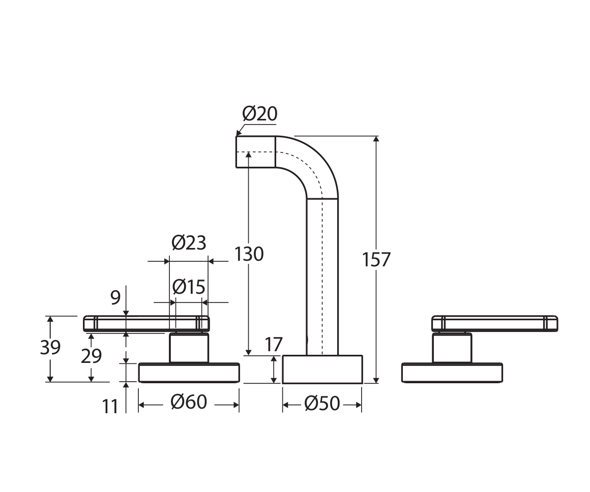 Fienza Kaya complete three-piece tap set technical measurement drawing in millimetres