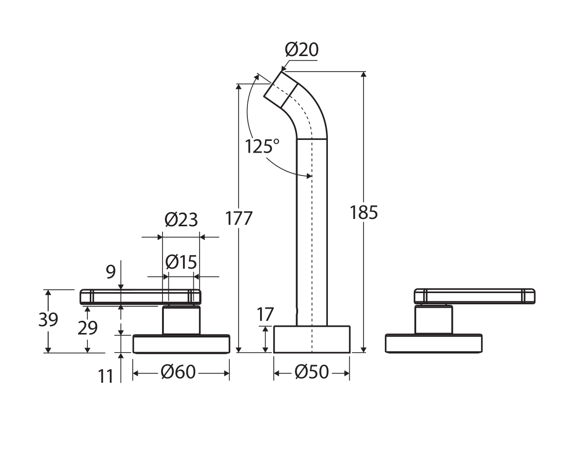 Fienza Kaya complete three-piece tap set technical measurement drawing in millimetres