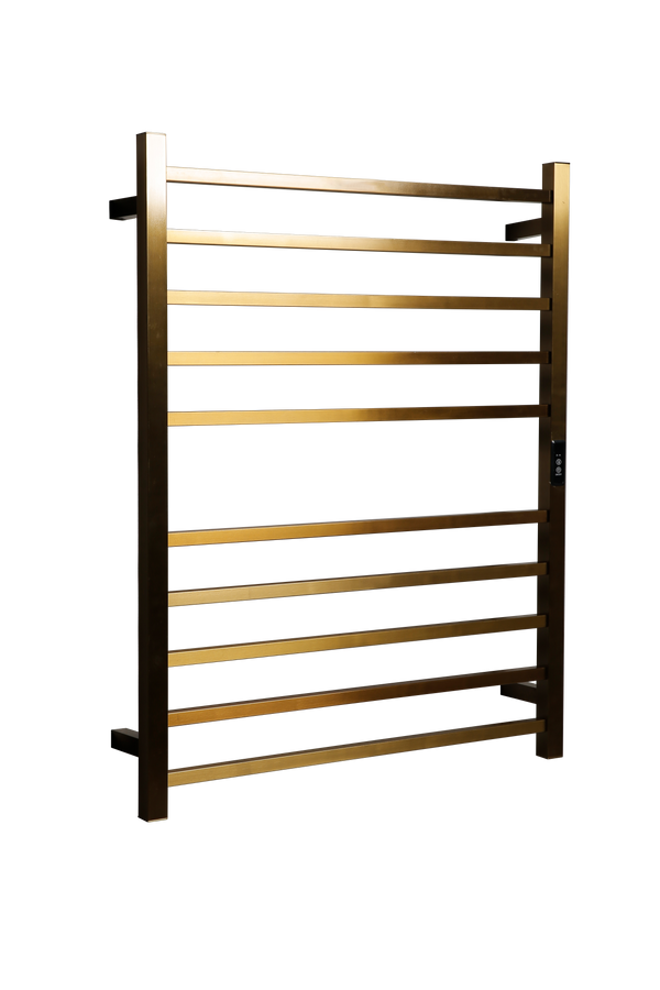 Hotwire Flat Square Heated Towel Rail 10 Bars Gold 900hx700w Inc Timer