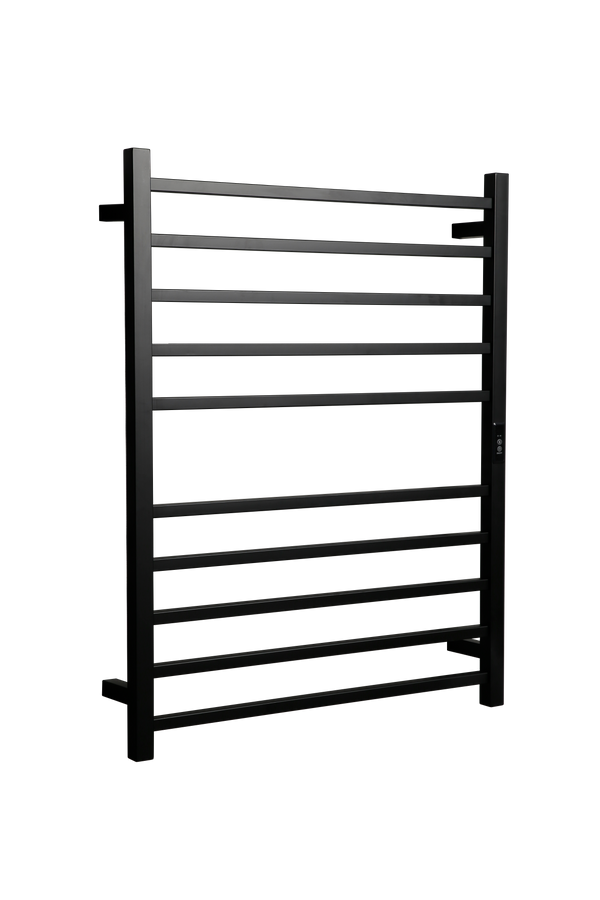 Hotwire Flat Square Heated Towel Rail 10 Bars Black 900hx700w Inc Timer
