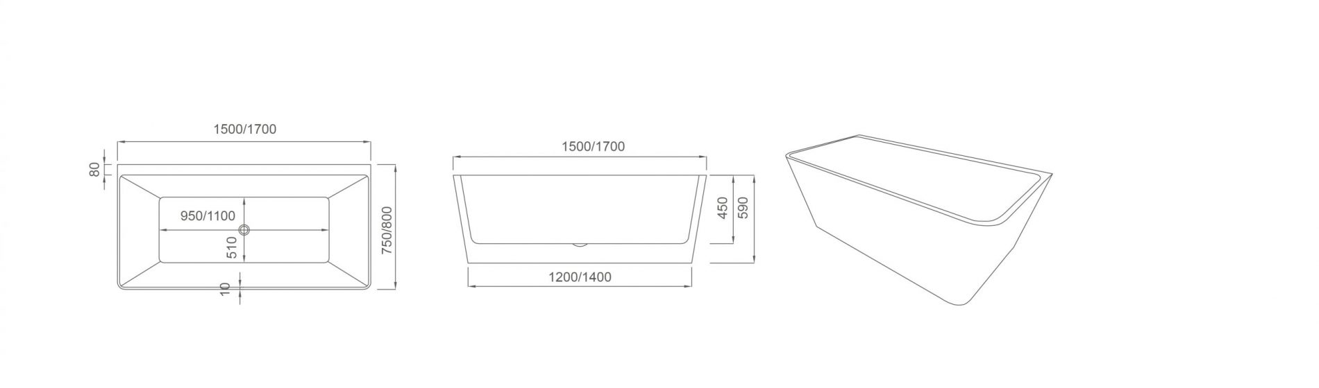 Fortuna 1700mm Back To Wall Freestanding Bath Gloss White No Overflow Thin Edge