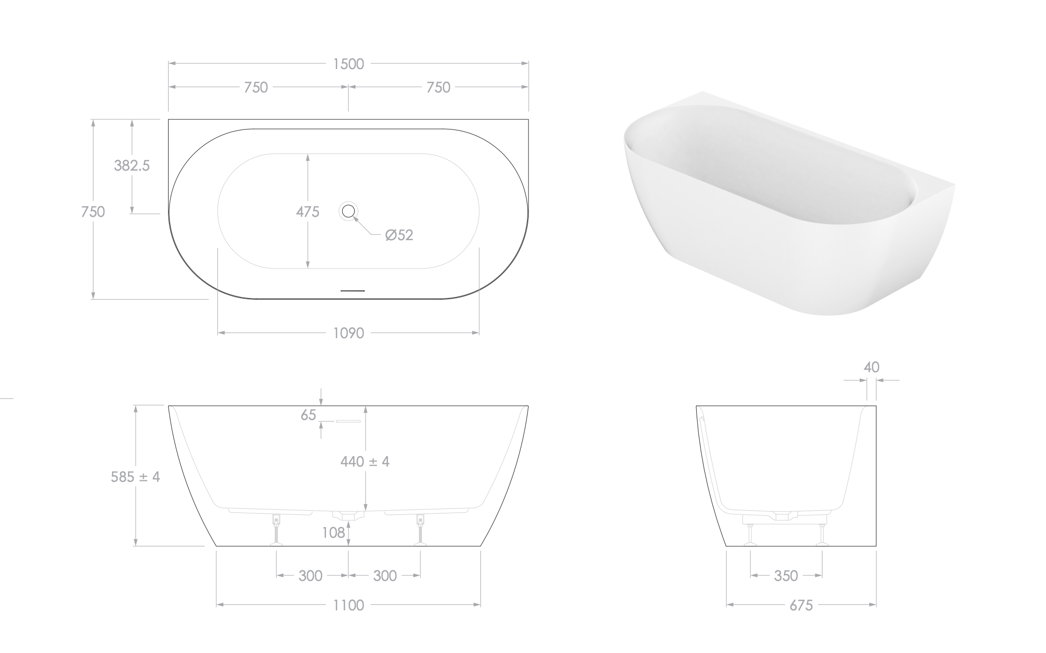 ADP Glacier Back to Wall Bath - 1500mm Gloss White