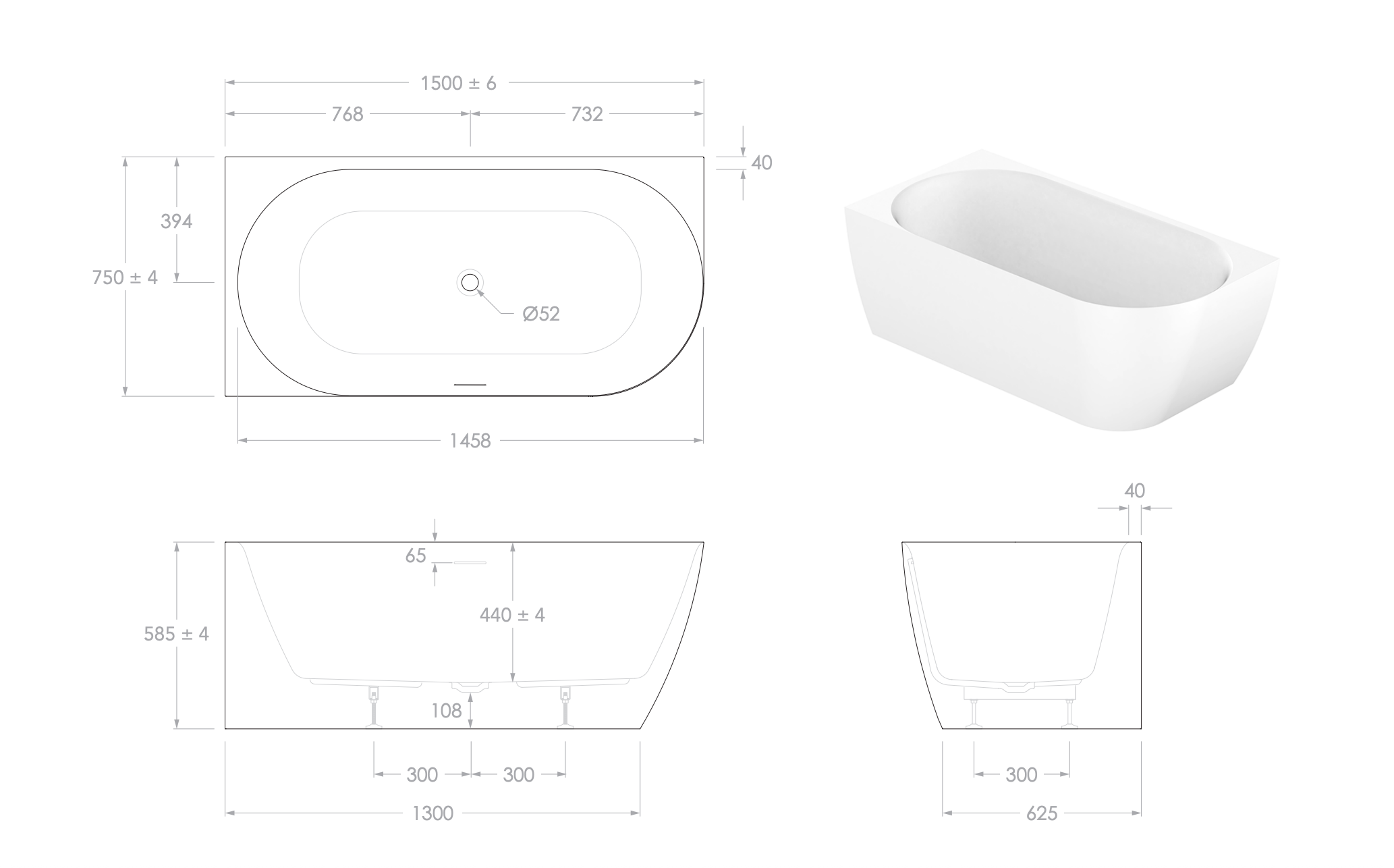 Ovia Madison Corner Bath 1500mm