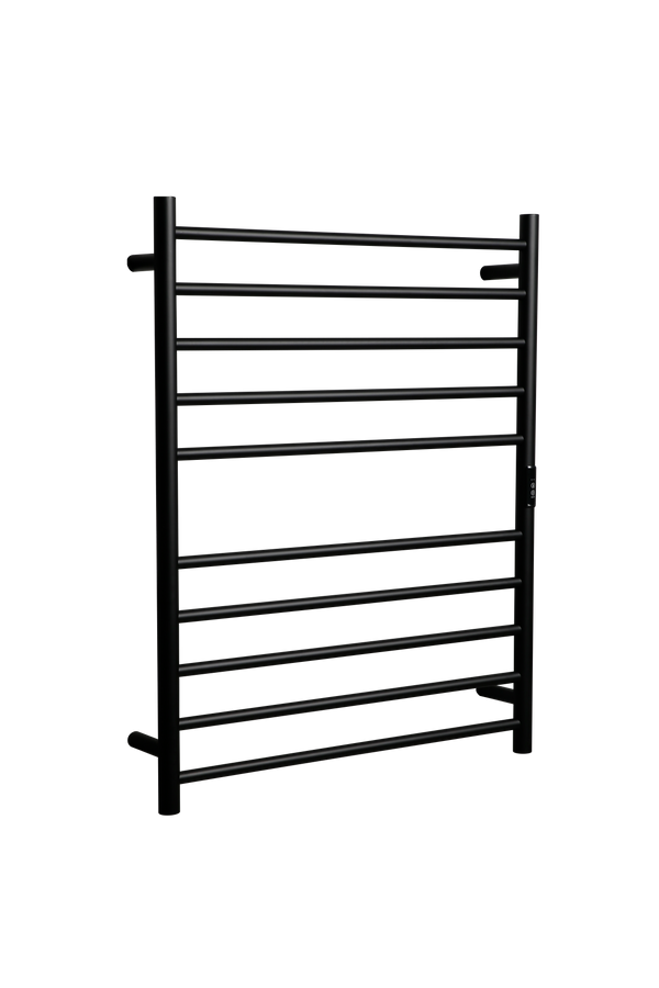 Hotwire Flat Round Heated Towel Rail 10 Bars Black 900hx700w Inc Timer