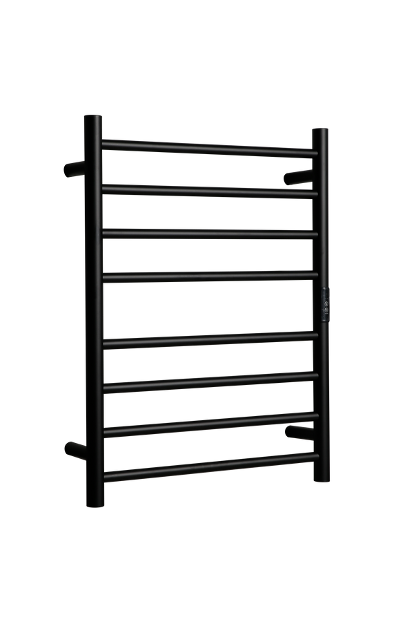 Hotwire Flat Round Heated Towel Rail 8 Bars Black 700hx530w Inc Timer