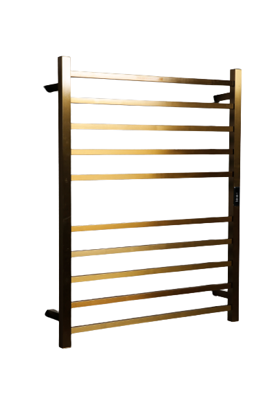 Hotwire Flat Square Heated Towel Rail 10 Bars Gold 900hx700w Inc Timer