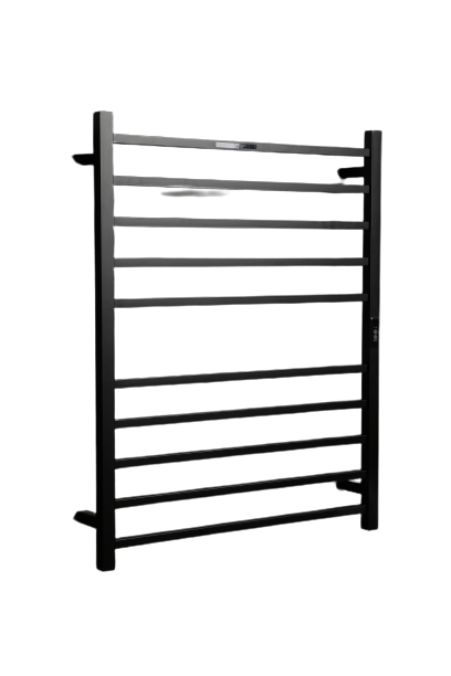 Hotwire Flat Square Heated Towel Rail 10 Bars Black 900hx700w Inc Timer