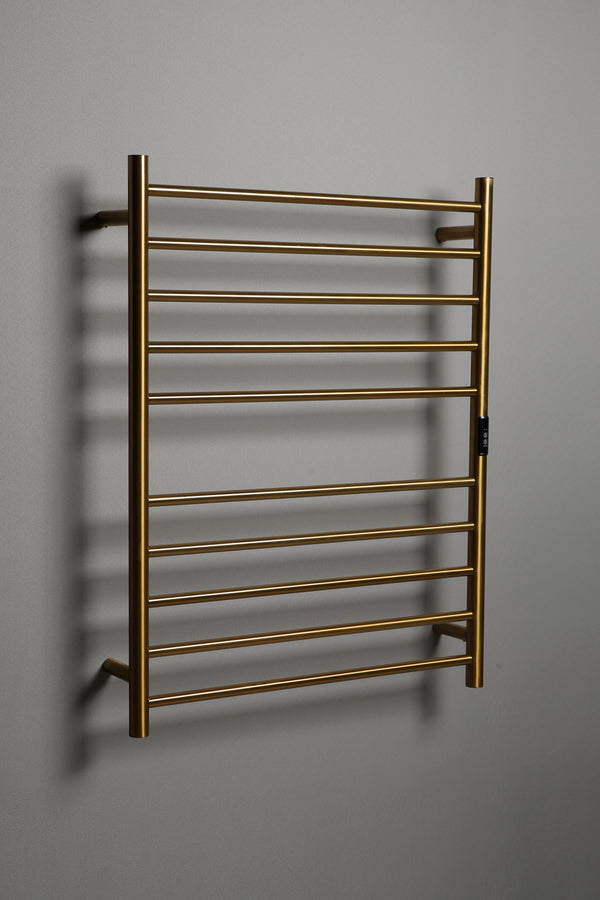 Hotwire Flat Round Heated Towel Rail 10 Bars Gold 900hx700w Inc Timer