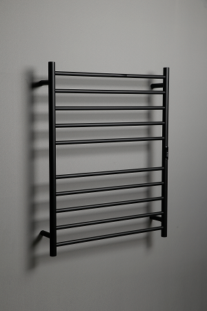 Hotwire Flat Round Heated Towel Rail 10 Bars Black 900hx700w Inc Timer