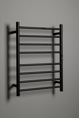 Hotwire Flat Round Heated Towel Rail 8 Bars Black 700hx530w Inc Timer