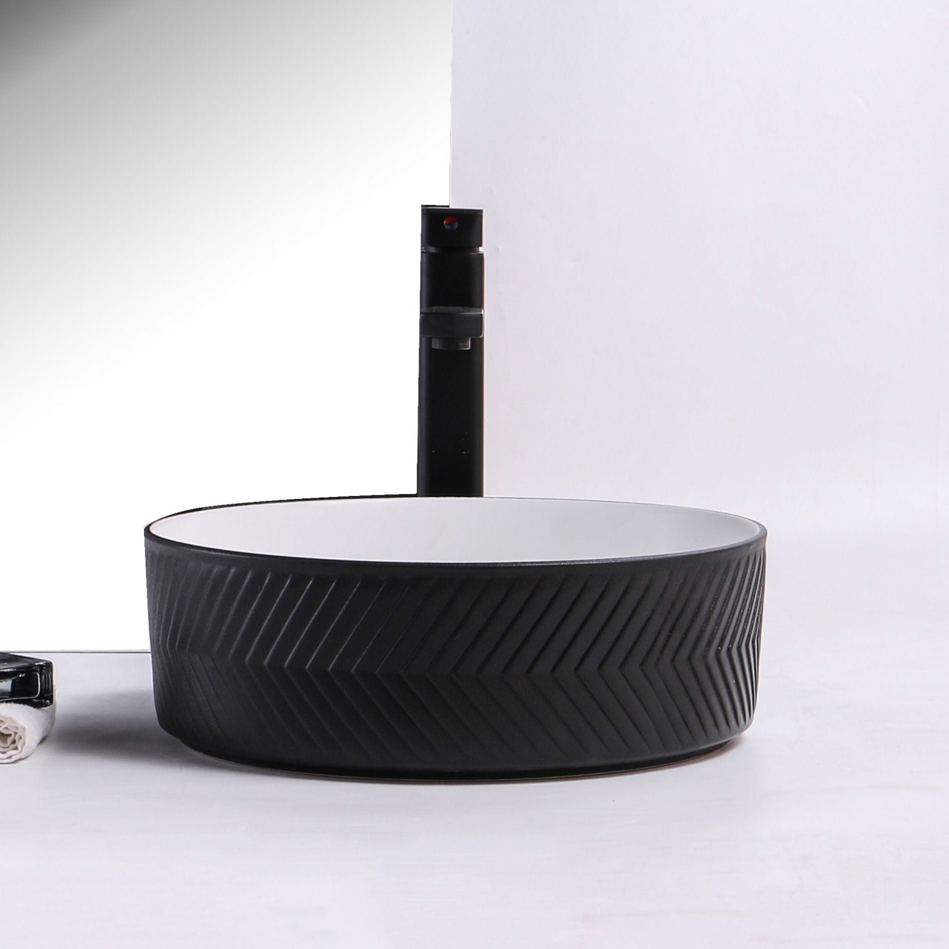 Ovia Art Archilles Matt Black and Matt White Textured Above Counter Basin 360mm x 120mm