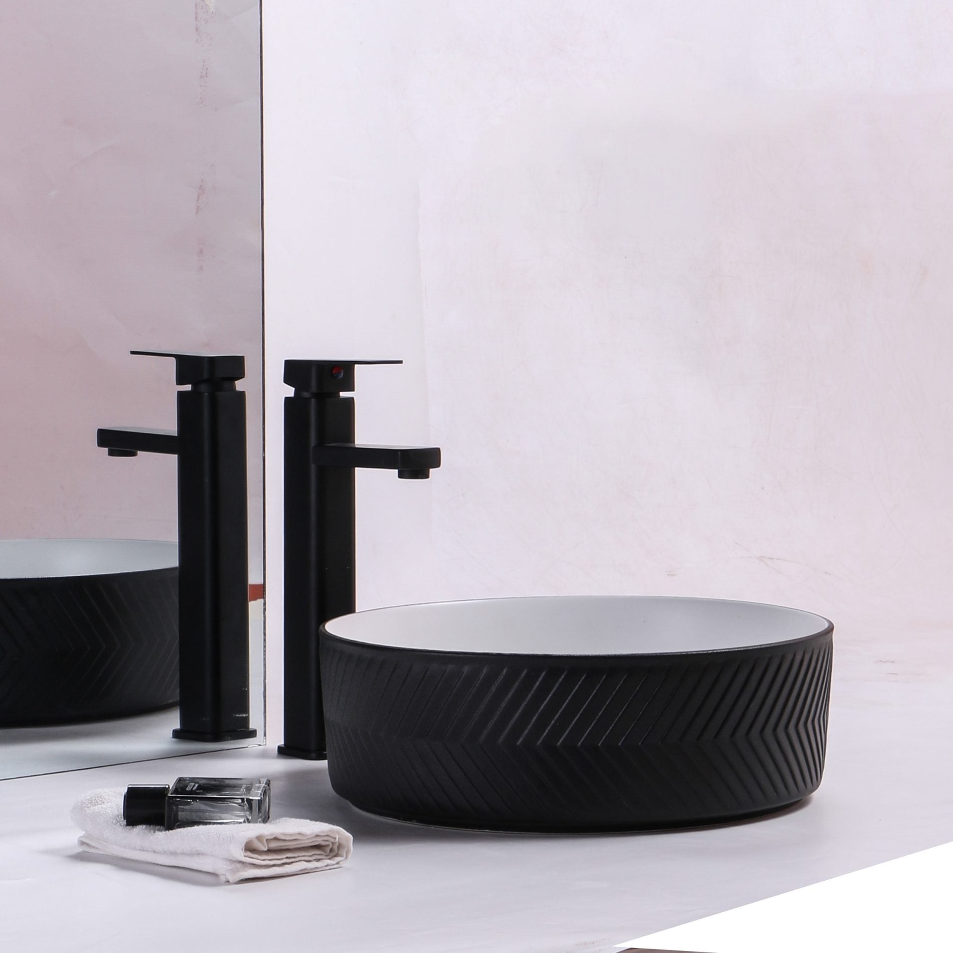 Ovia Art Archilles Matt Black and Matt White Textured Above Counter Basin 360mm x 120mm