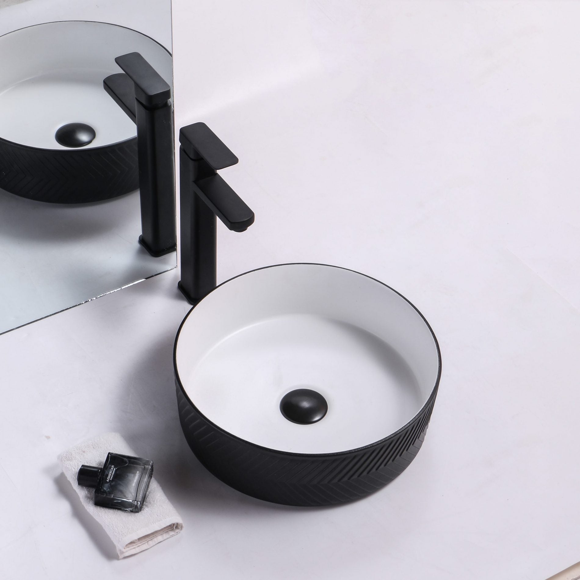 Ovia Art Archilles Matt Black and Matt White Textured Above Counter Basin 360mm x 120mm